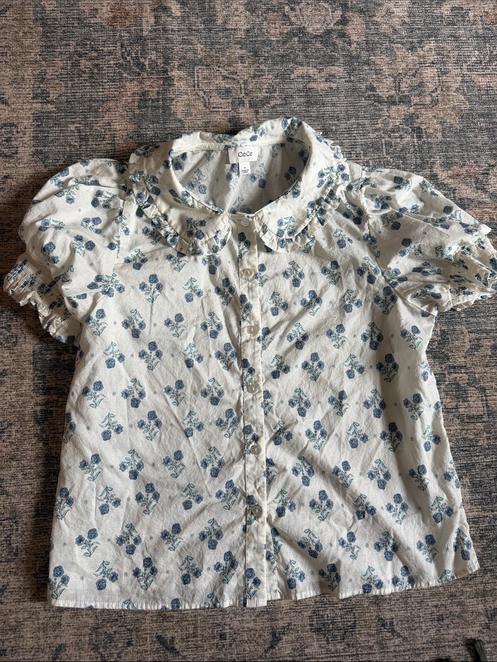 CeCe Cream Blouse with Blue Floral Print and Puff Sleeves